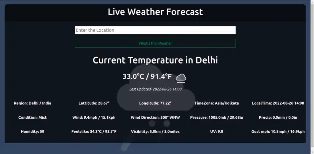 Live Weather Forecast Flask App - best python mini projects - Python Projects for Beginners with source code