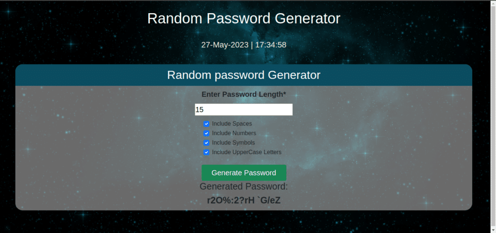 main screen - Random Password Generator Flask App